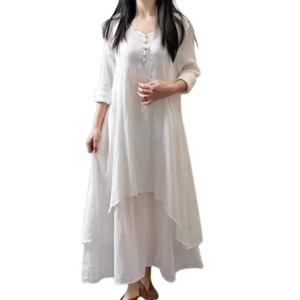 Spring Summer Women Long Cotton Linen Dress White Plus Size False Two Pieces O-Neck Maxi Dresses Office Casual Loose Dress