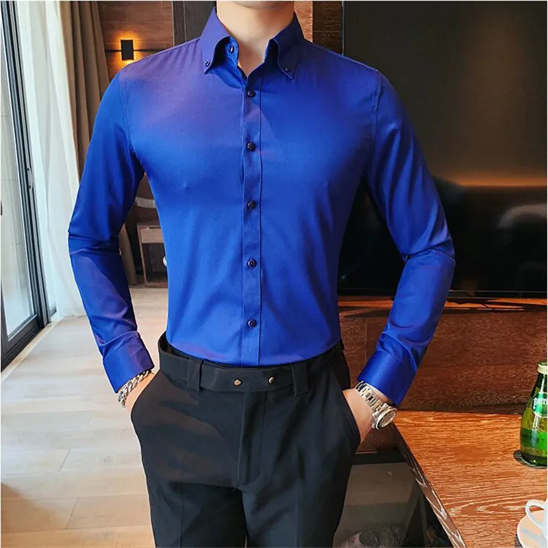 2024 High Quality Solid Color Men\'s Shirt Formal Business Dress Office Wedding Shirts Long Sleeve Casual Social Blouse Chemise