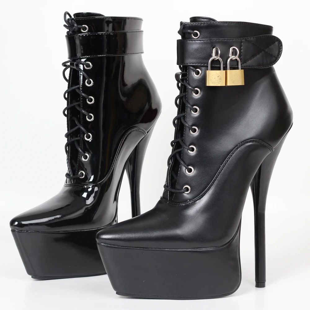 JIALUOWEI New Style Women's Black Patent High Heels Lace-Up Platform Ankle Boot