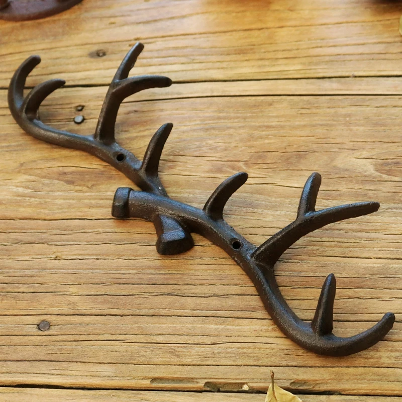 Vintage Reindeer Antler Cast Iron Wall Hook American Country Farm Accents Home Decor Handmade Heavy Metal Mounted Hanging Rack