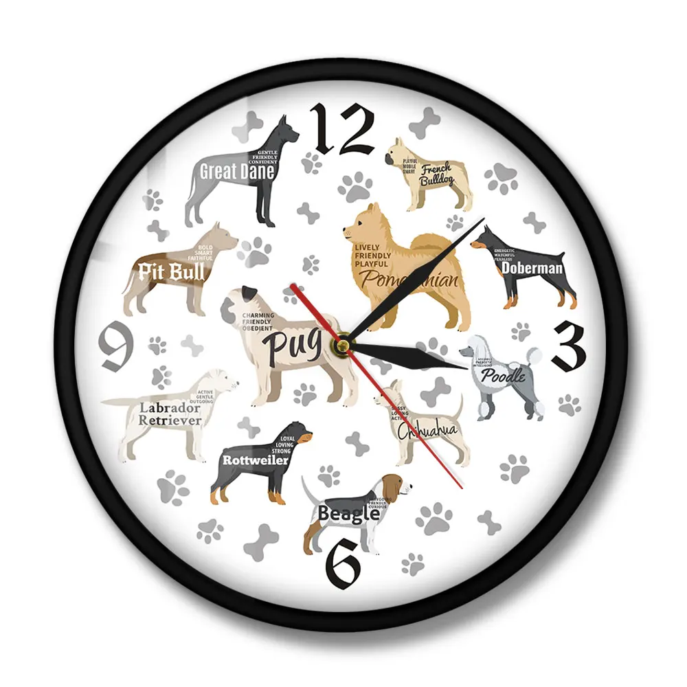 Dog Breeds Printed Wall Clock Dog Paws Dog Bones Puppy Dogs Modern Wall Watch Nursery Kid Room Wall Decor Animal Dog Lover Gift