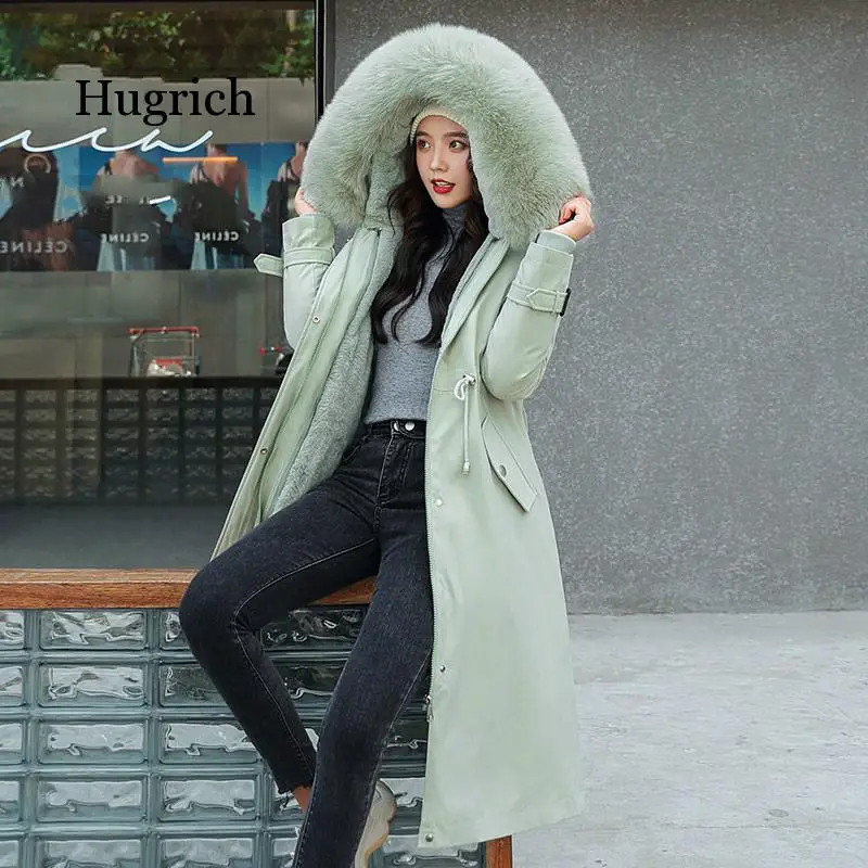 Fashion Solid Cotton Liner Parker New Long Hooded Winter Jacket Women Adjustable Waist Warm Fur Collar Coat