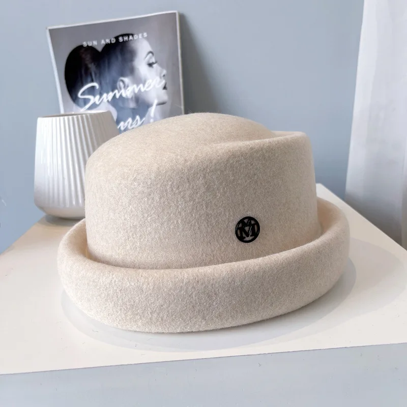 New Australian Wool Autumn Winter Designer Cap French Vintage Felt Hat Women Elegant Concave Fedora Luxury Stewardess Hat Bone