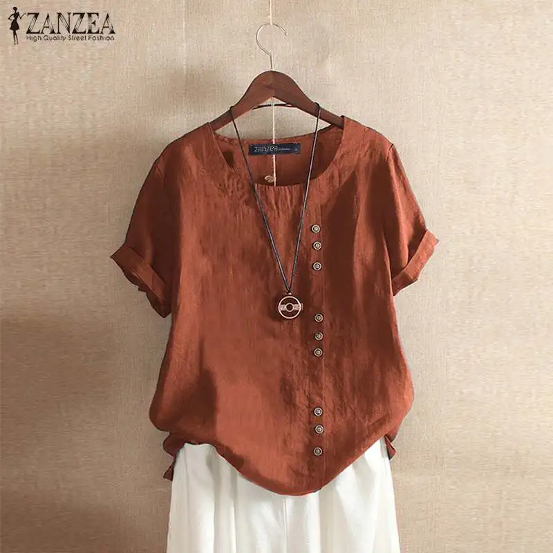 ZANZEA Women Summer O Neck Short Sleeve Cotton Linen Shirt Casual Blouse Loose Buttons Tops Femininas Blusas Work Top Chemise