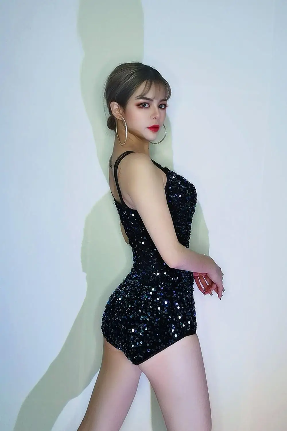 Rot Schwarz Pailletten Glitter Sling Body Bar Nachtclub DJ Bühne Sängerin Tänzer Pole Party Club Tanzen Jazz Leistung Kostüm