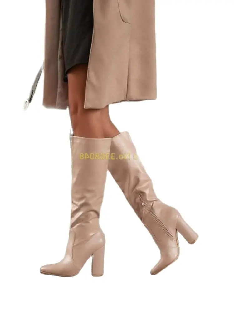 Block Heel Knee High Boots Black Nude White Pink Purple Blue Custom Made Classic Runway Dress Women Boots Sexy Pointed Toe