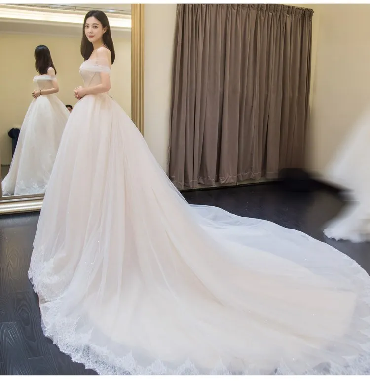 2022 hochzeit Kleid Weg Von Der Schulter Vestido De Noiva Brautkleid Zug Braut Tüll Mariage Klar Lager Größe 6