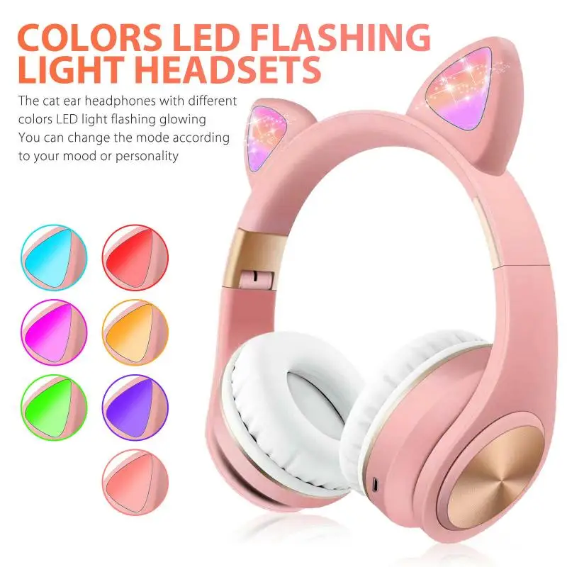 Cute Cat Ears LED Flashing Headphones Bluetooth 5.0 Young People Kids Headset Support TF Card 3.5mm Plug With Mic FM