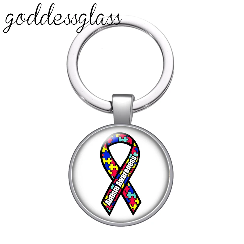 Autism Awareness Puzzle Ribbon Love Photo Round glass cabochon keychain Bag Car key chain Ring Holder Charms keychains for gift