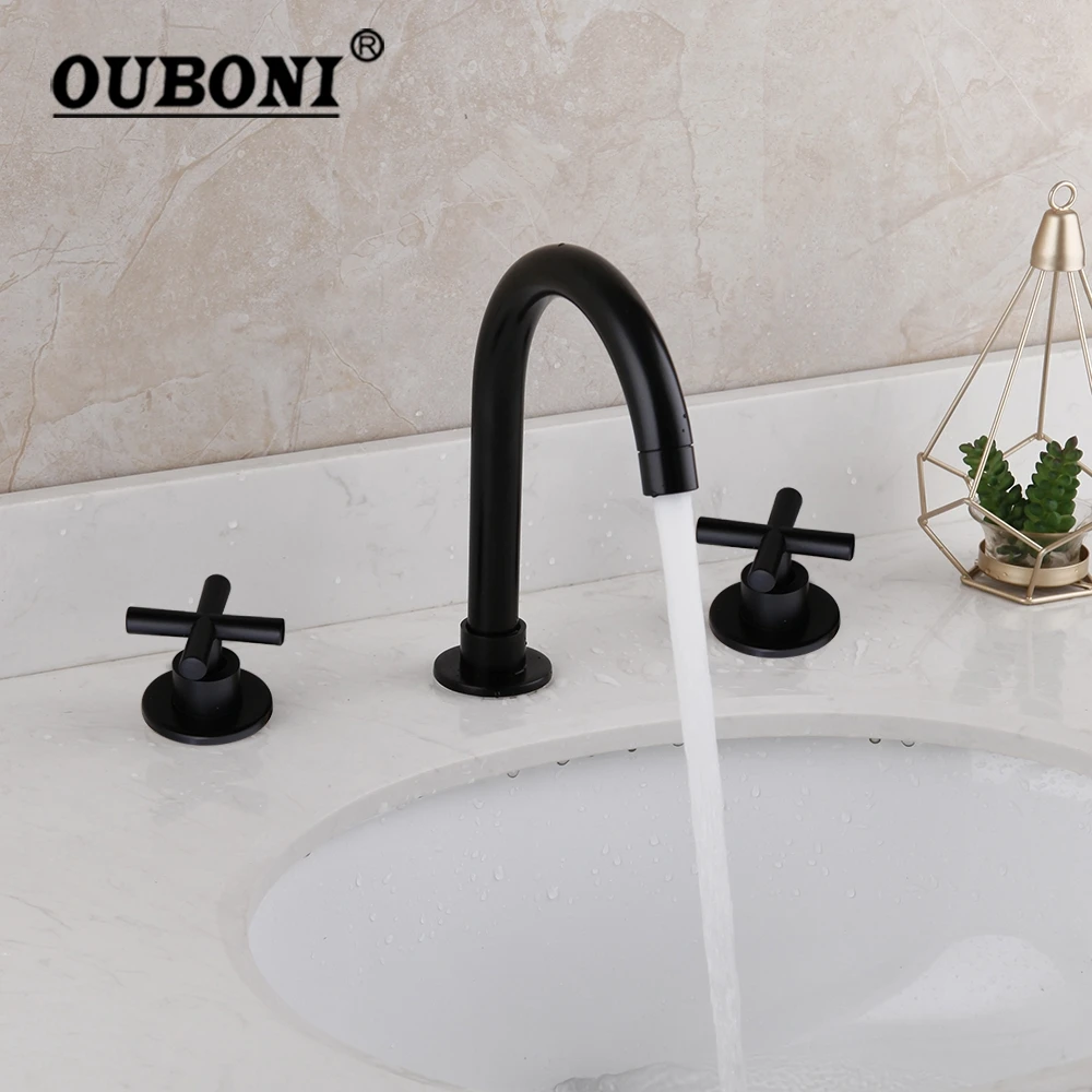 Матовый черный смеситель OUBONI для ванны, поворотный кран из твердой латуни для раковины в ванной комнате, 3 шт., 2 ручки