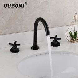 Ouboni Matte Black Bad Kraan Set Swivel 3 Pcs 2 Handgrepen Badkamer Basin Sink Massief Messing Kraan Mengkraan