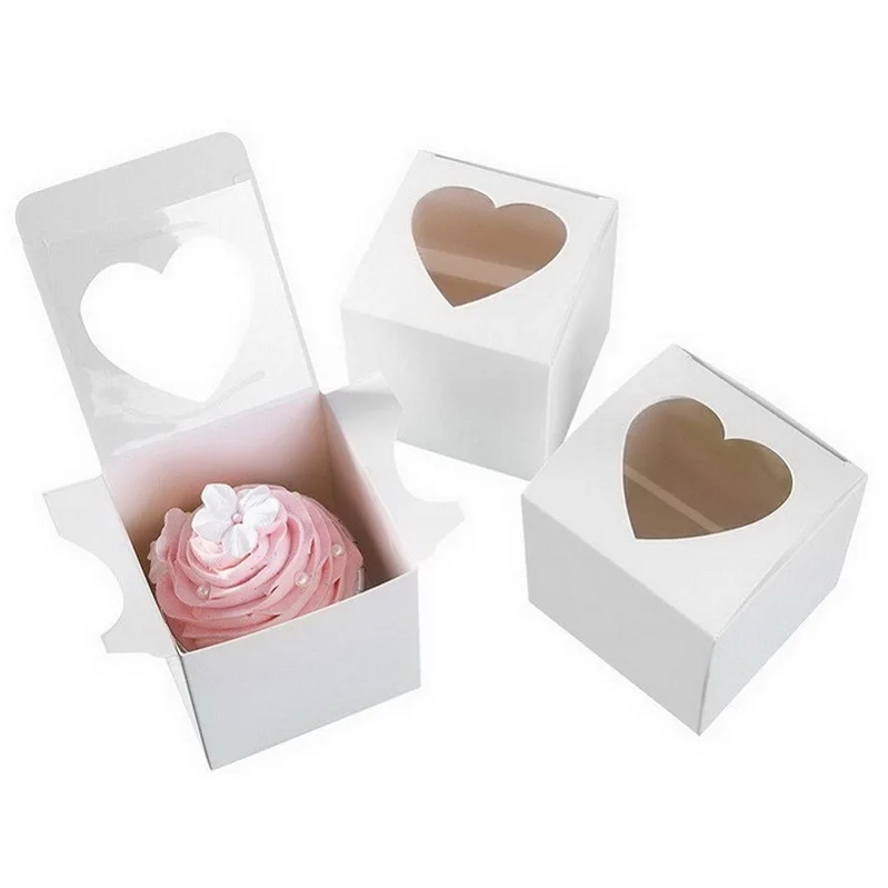 PVC Window Cupcake Box 7.5*7.5*7.5cm White Glossy Heart-shaped Window Cake Gift Favour Boxes For Valentine Day Wedding