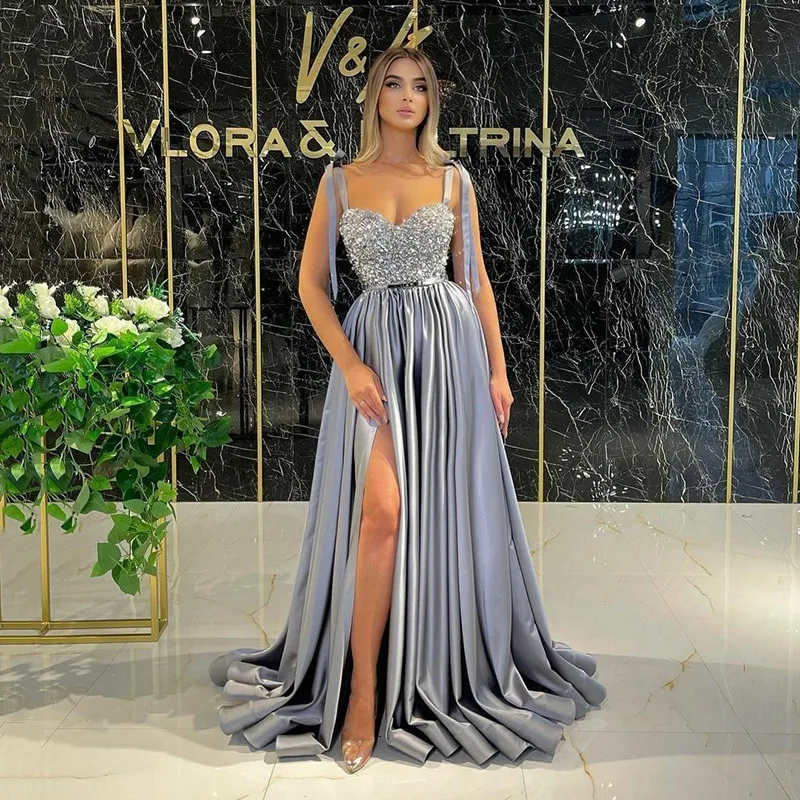 

BridalAffair Sexy Spaghetti Straps Satin Beads Prom Dress High Split Floor-Length Cocktail Party Evening Gown Plus Size