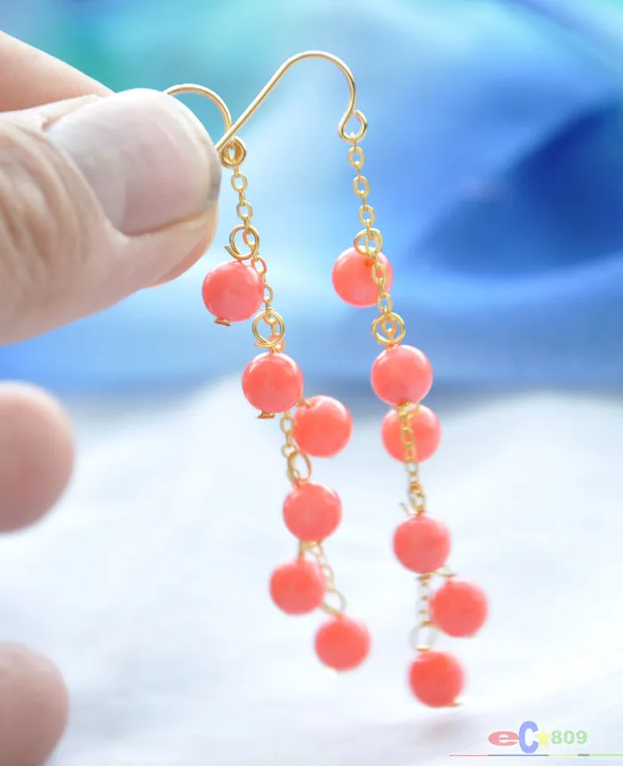 S1582 natural 6mm pink coral round dangle earring