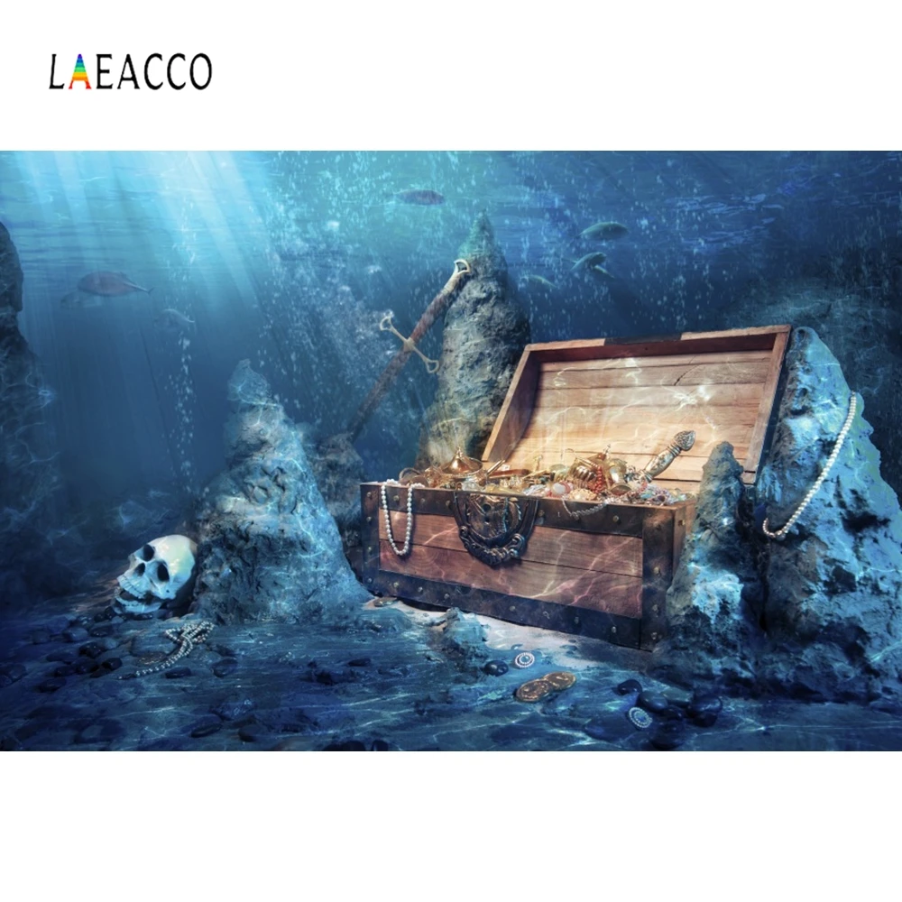 Laeacco Underwater World Skull Reef Pirate Ship Treasure Photography Backdrops Customized Photo Backgrounds Birthday Photophone