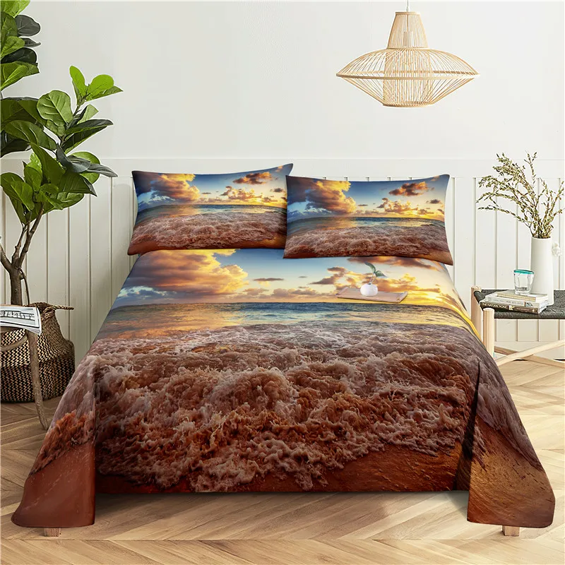 

Beautiful Beach 0.9/1.2/1.5/1.8/2.0m Digital Printing Polyester Bed Flat Sheet With Pillowcase Print Bedding Set