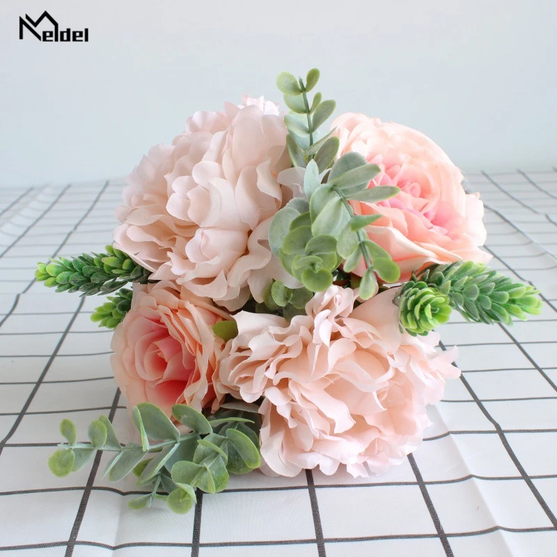 Herfst Zijde Kleine Rose Pioenen Kunstmatige Bloem voor Bruiloft DIY Decoratie Craft Groene Eucylaptus Nep Bloemen Thuis Tafel Decor