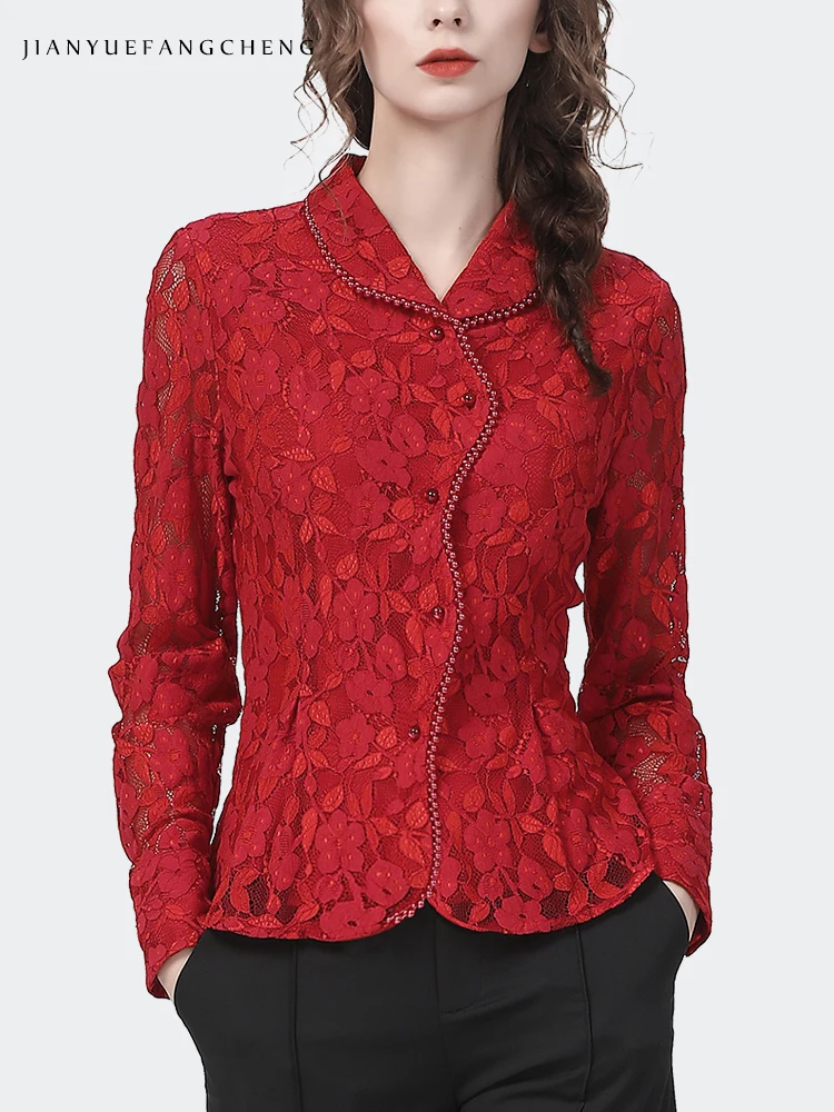 Fashion Peter pan Collar Womens Red Lace Floral Shirt Long Sleeve Elegant Bodycon Hook Flower Hollow 2022 Spring Blouses Tops