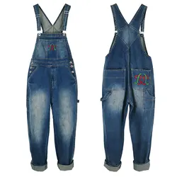 Jeans Men Overalls Bib Denim Jumpsuits Fashion Embroidery Loose Large Size Straight Workwear Cargo Pants Hip Hop Blue Trousers