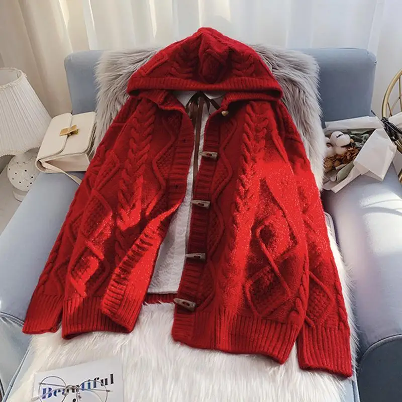 Hooded twist sweater coat autumn and winter 2023 new women\'s loose outer wear lazy knitted cardigan