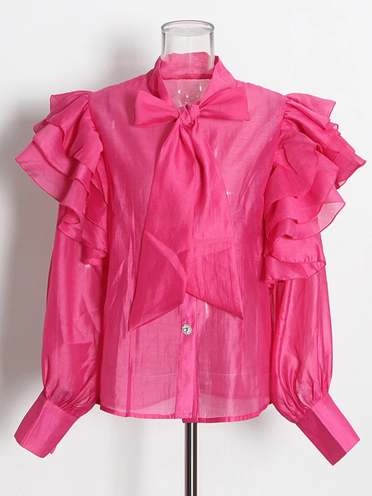 ECRURANI Solid Fold Pleated  Shirt For Women Lapel Long Sleeve Patchwork Ruffle Trim Loose Autumn Fashion Blouse Female 2021 New