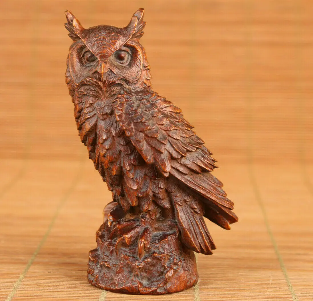 

Japanese chinese boxwood hand carved owl statue netsuke collectable table deco