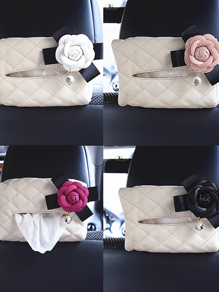 1 Pcs Pearl Camellia Flower Car Seat Back Hanging Tissue Box Holder Crystal PU Leather Paper Tower Organizer with Flower