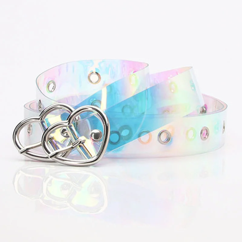 Women\'s Belts Transparent Laser Colorful Holographic Waistbands Round Love Metal Pin Buckle Belt Fashion Casual Punk Decoration