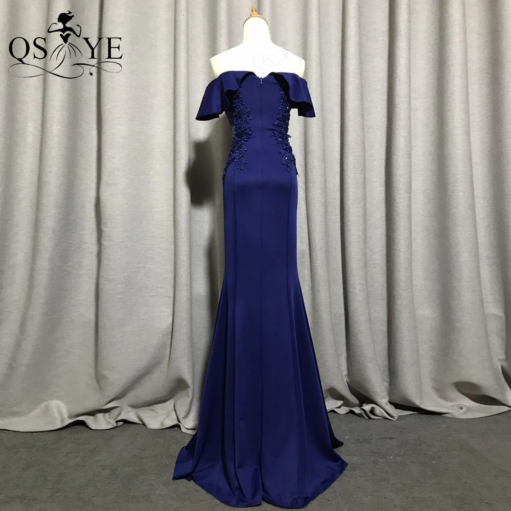 Marine Abendkleider lange schulter freie Meerjungfrau Party kleid Perlen applikationen blaues Kleid Rüschen kurze Ärmel Knöpfe Frauen Promgown