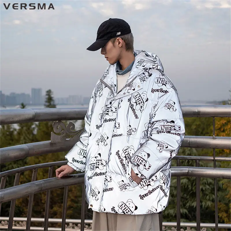 VERSMA Japanese Vintage Warm Shiny Jacket Coat Men Parka Winter Reflective Oversized Thick Unisex Cotton Men Women Jackets Coats