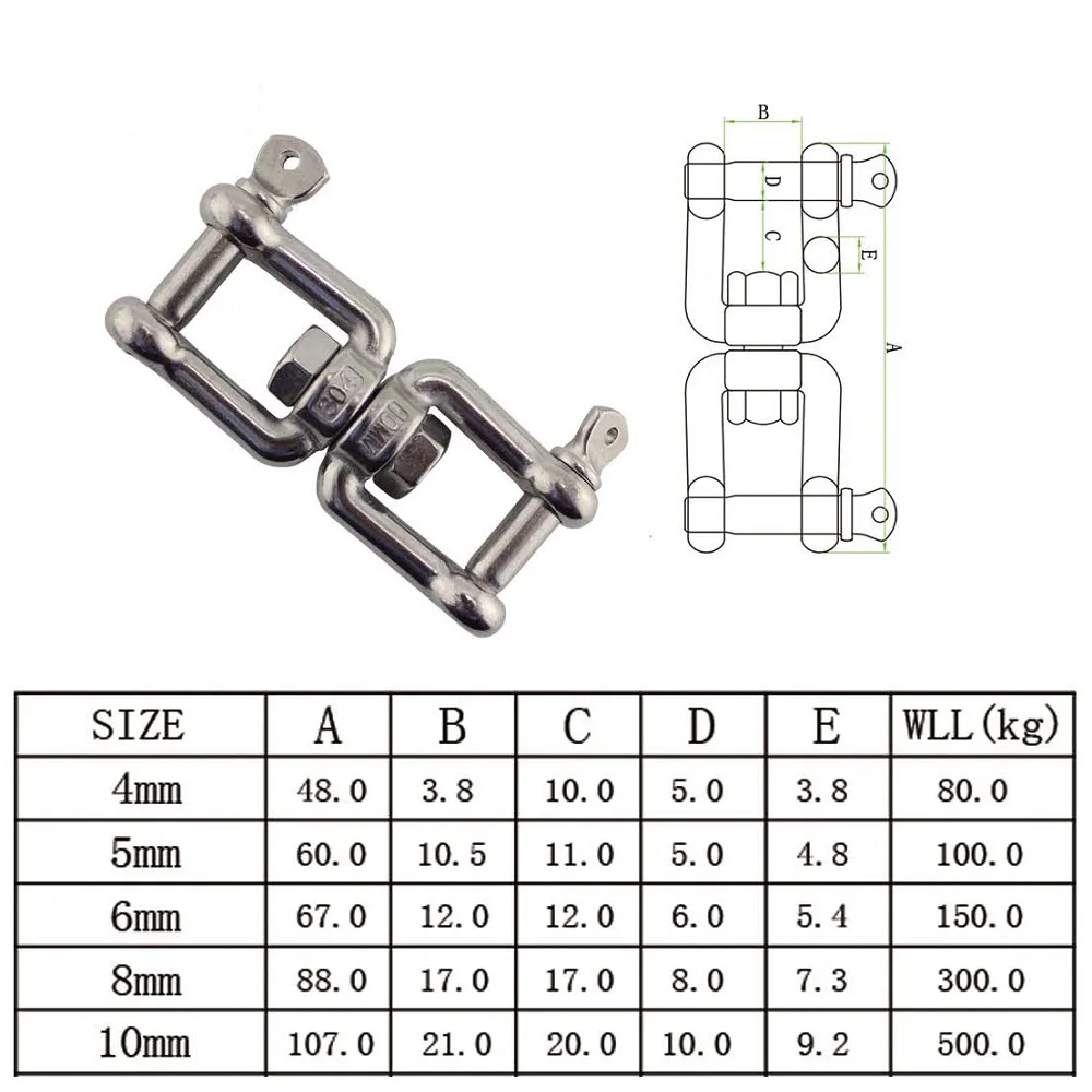 1PCS Jaw And Jaw Anchor Chain Swivel Connecter 304 Stainless Steel Polished 4mm 5mm 6mm 8mm 10mm For Marine Boat Accessories