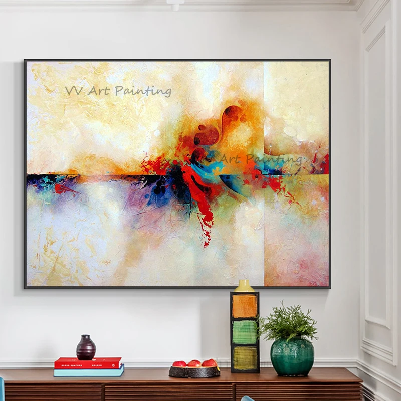 Handmade Warm Tone Blended Abstract Canvas Oil Paintings, Color Splash Fluid Hand Painted Art, Unframed Living Room Decoration