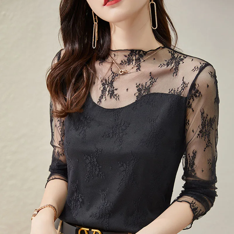 2022 Autumn French Outerwear Top Women's White Long Sleeve Slim Fitting Lace Top with Bottom Ladies Blouses Black Clothing 1182