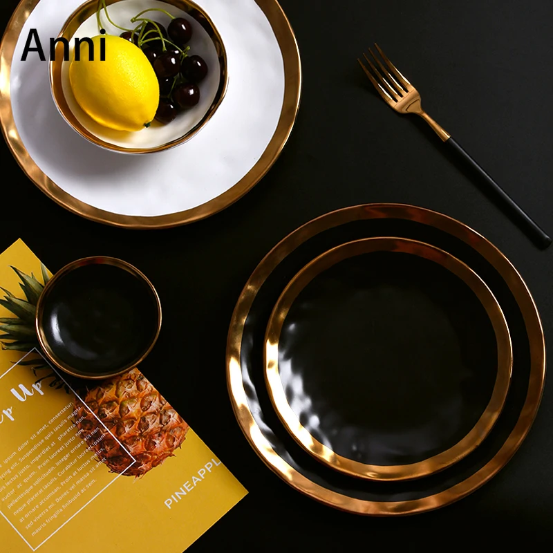 Nordic Creativity Ceramic Plates Set Golden Stroke Matte Dinner Plate Cake Dessert Dishes Hotel Serving Tray Kitchen Tableware