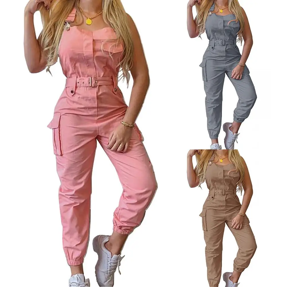 Zomer Jumpsuit Vrouwen 2023 Fashion Mouwloze Zakken Blet Enkel Gebonden Casual Lange Broek Overall Jumpsuit Grijs Xxxl Street Wear