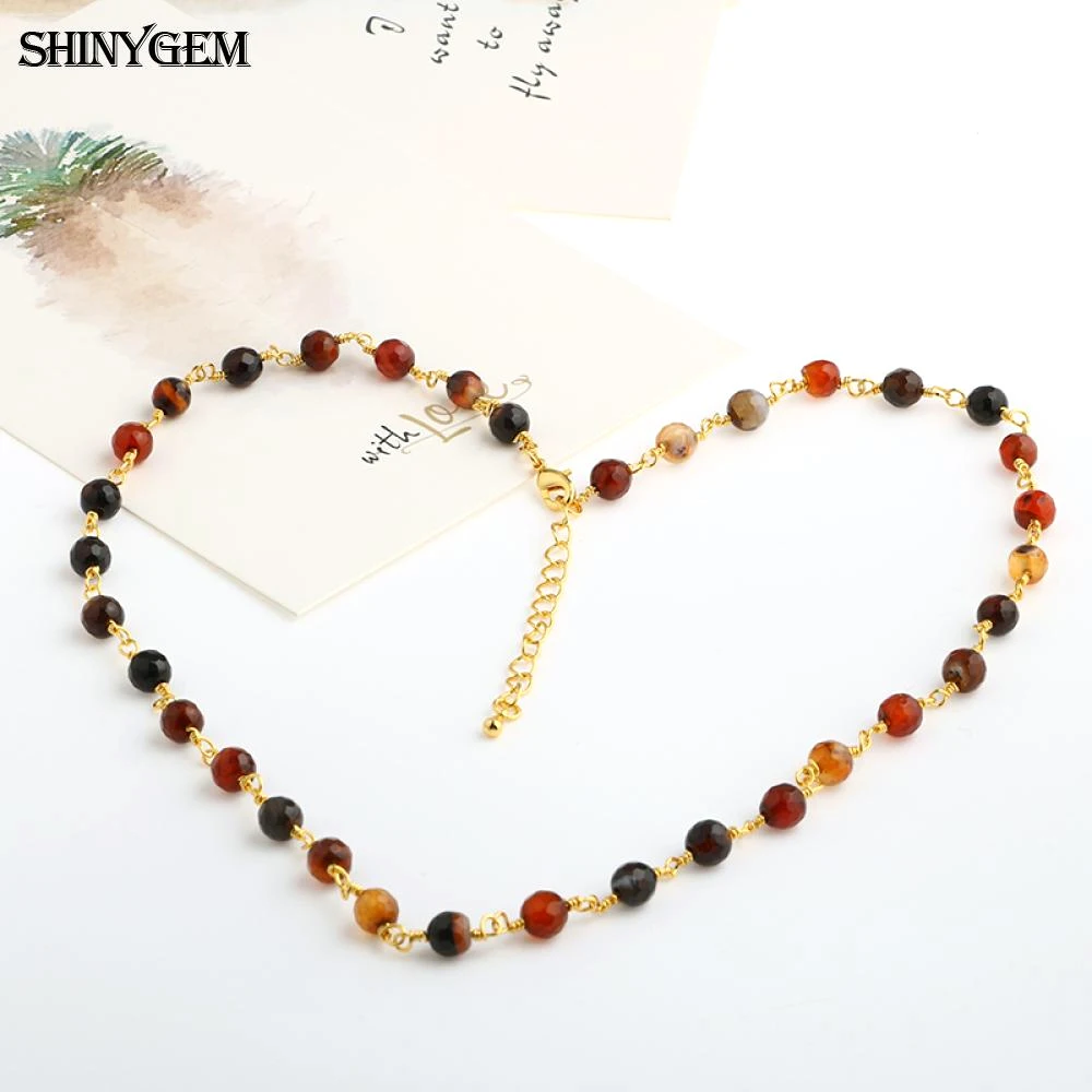 

ShinyGem Fashion 6mm Natural Handmade Cut Rhinestone Agates Necklace Stone Multi Colors Gold Plating Chain Necklaces For Women