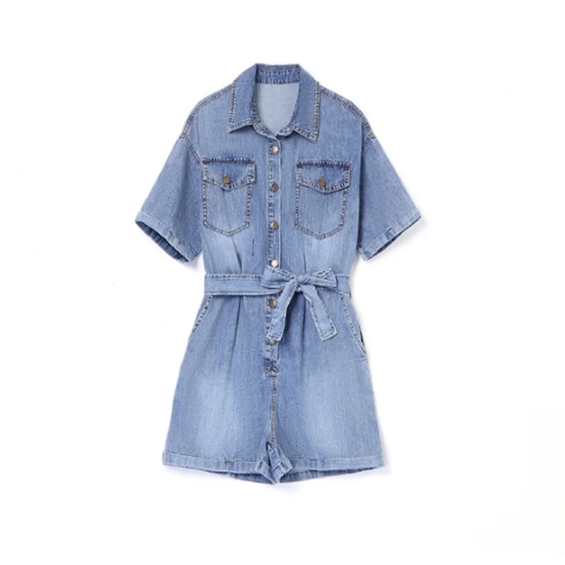 Denim Frauen Fracht Overalls Kurzarm Schärpen Einreiher Lose Beiläufige Playsuits Gerade Jeans High Street Weibliche Strampler