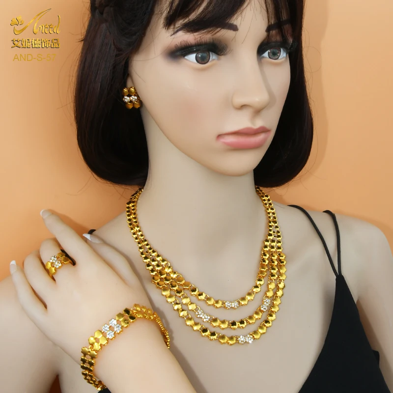 Indian Jewelery Set Bridal Statement Long Necklace Set For Women Bracelet Earring Dubai Gold Color Accessories Jewellery