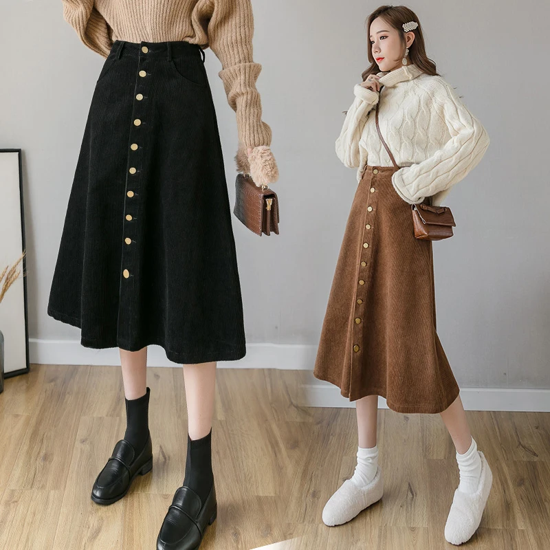 Women Vintage Khaki Corduroy Skirt Autumn Winter Fashion High Waist Single Breasted A-line Long Skirts Female Casual Midi Skirt