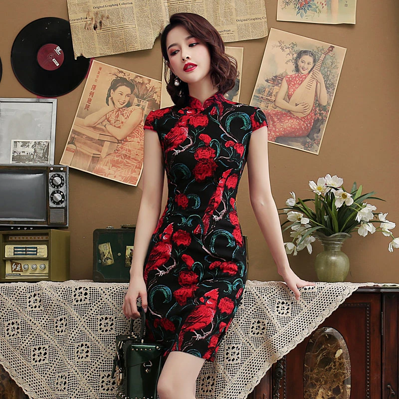 Black Red Nightingale Chinese Cheongsam Dress Stretch Cotton And Linen Plus Size Chipao 5XL 4XL Sexy Traditional Vintage Qipao