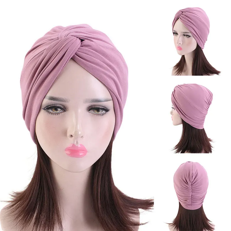 2020 New Fashion Bandanas Women Turban Muslim Hat Twist Hijab Bonnet Cap Adult Chemo Hat Solid Folds Twist Cap Women Turban Hot