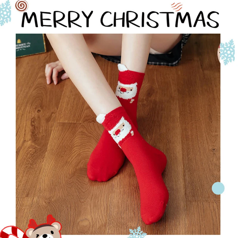 Women's Cartoon Santa Claus Warm Socks, Women's Winter Plush Socks Christmas Decorations Christmas Gift Box Socks 4 Pairs