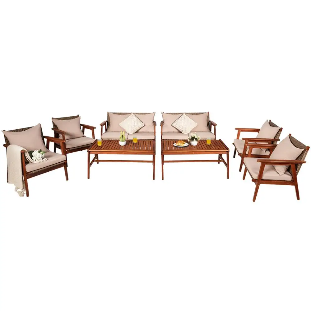 8PCS Patio Rattan Furniture Set Acacia Wood Frame Cushioned Sofa Chair Garden 2*HW66517+