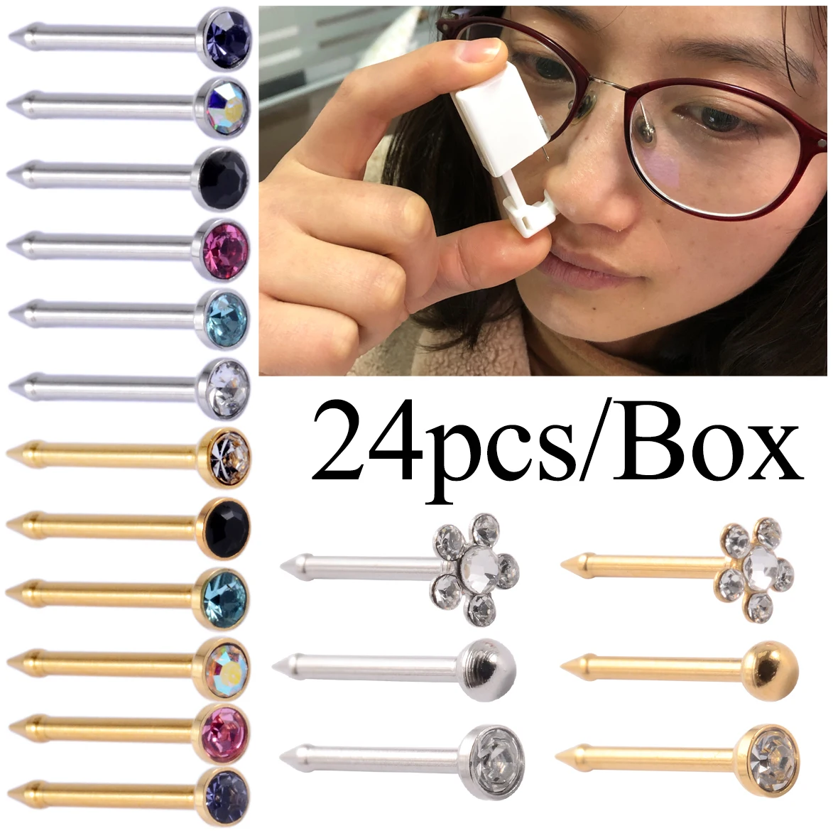 

24pcs/Box Disposable Safe Sterilized Piercing Unit Nose Studs Piercer Tool Machine Kit Body Jewelry Wholesale