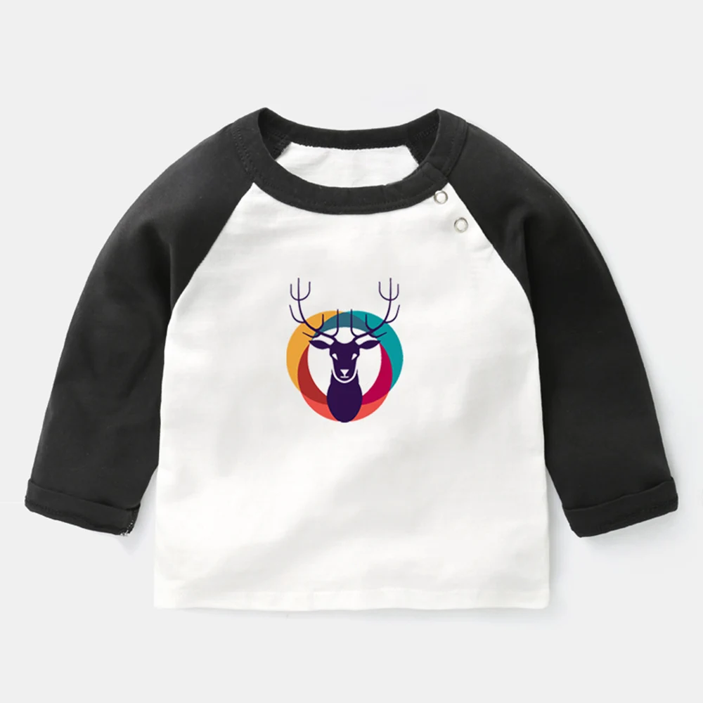 

Beautiful Colorful Deer Christmas Reindeer Retro Elk Deer Design Newborn Baby T-shirts Toddler Raglan Color Long Sleeve Tee Tops