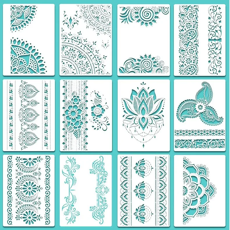 12Pcs/Set A4 29cm Mandala Floral Lotus DIY Layering Stencils Painting Scrapbook Coloring Embossing Album Decorative Template