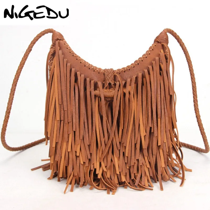 NIGEDU Beach Bohemian Tassel Women\'s Crossbody Bags Vintage manual Weave handbag bolsa franja Quality PU leather messenger bags