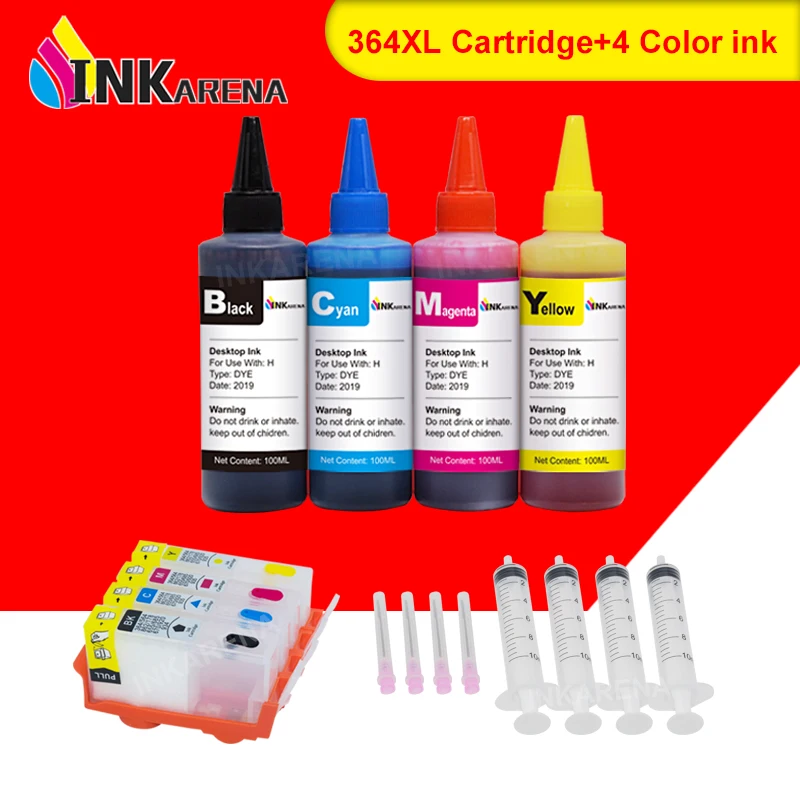 INKARENA 4×100ml Dye Ink + 364XL Refillable Ink Cartridges For HP C5390 C5393 C5388 C5370 C5373 D5468 D5463 D5460 D7560 Printers