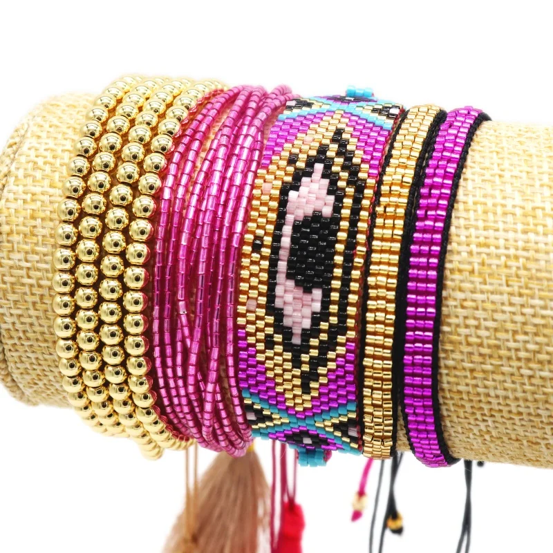 ZHONGVI Bohemian Friendship 5pcs One Set Eye Lady Crystal Jewelry Women Adjustable  Handmade Woven Tassel Miyuki Bead Bracelet