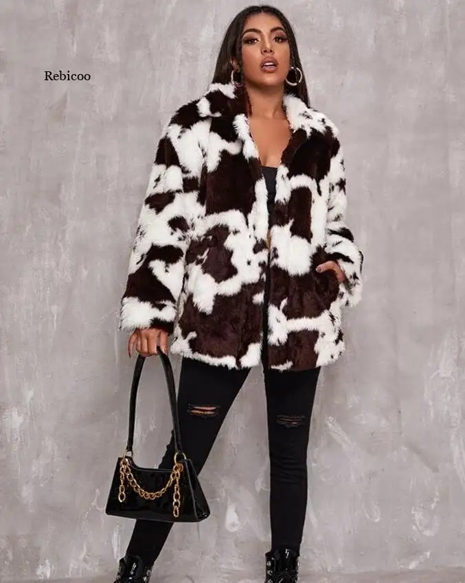 Women Fur Coat Short Parkas Lapel Cow Pattern Faux Fur Women Jacket Fashion Ladies Outwear  4Xl Winter New